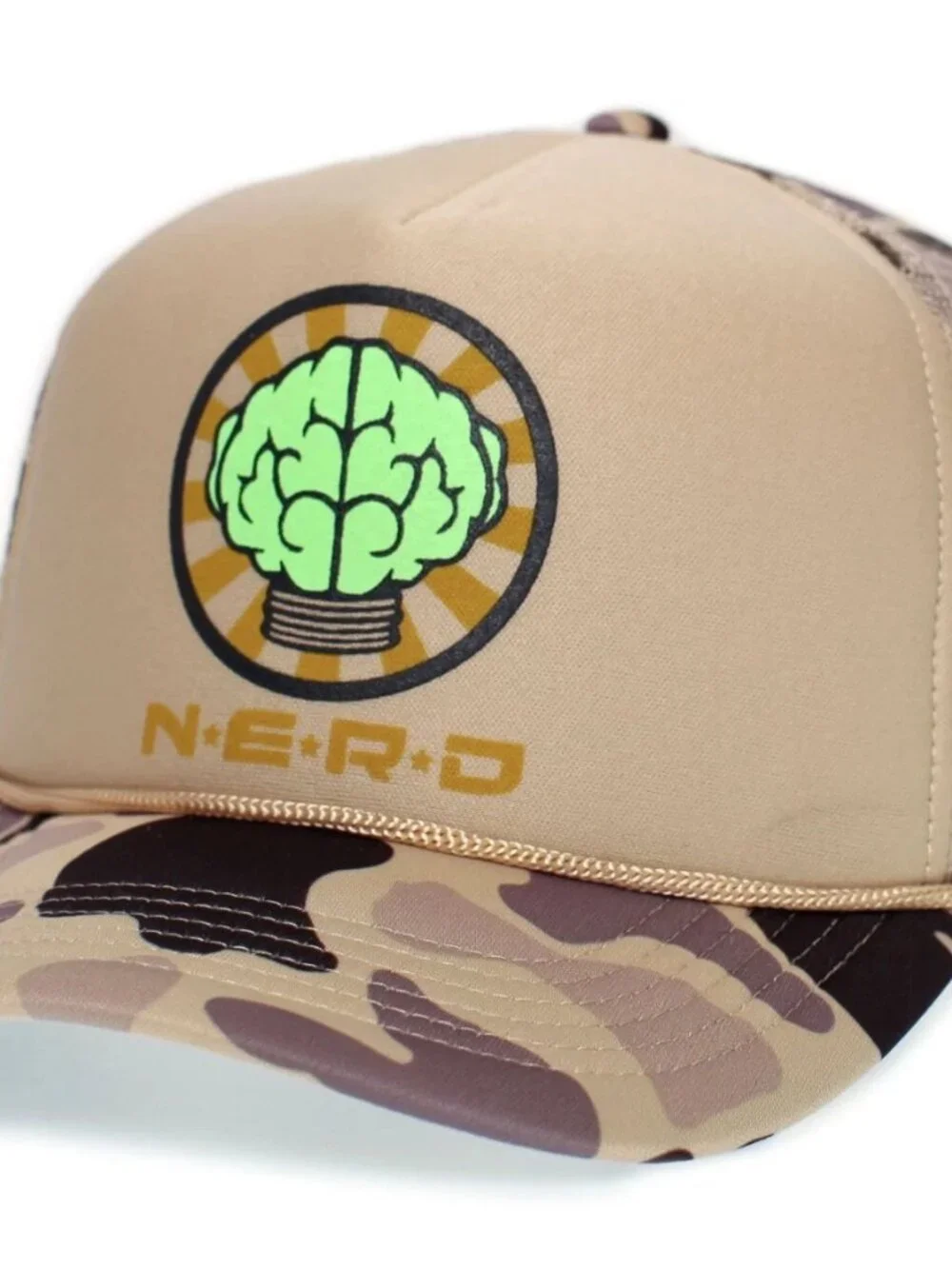 NERD Trucker Hat Pharrell Neptunes Y2K Retro Camo Brain Logo Mesh Snapback Cap
